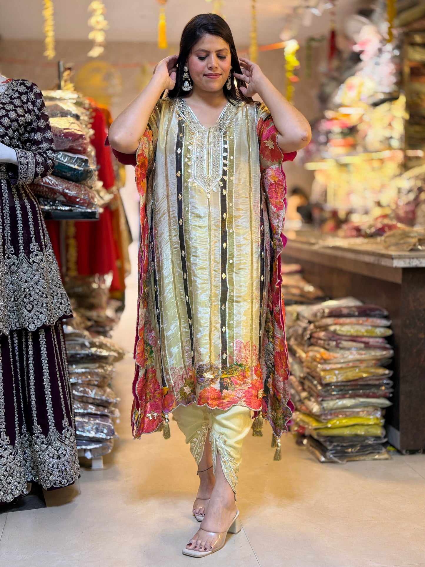 IVORY WITH MULTI COLOURED KAFTAAN DESIGN WITH TULIP