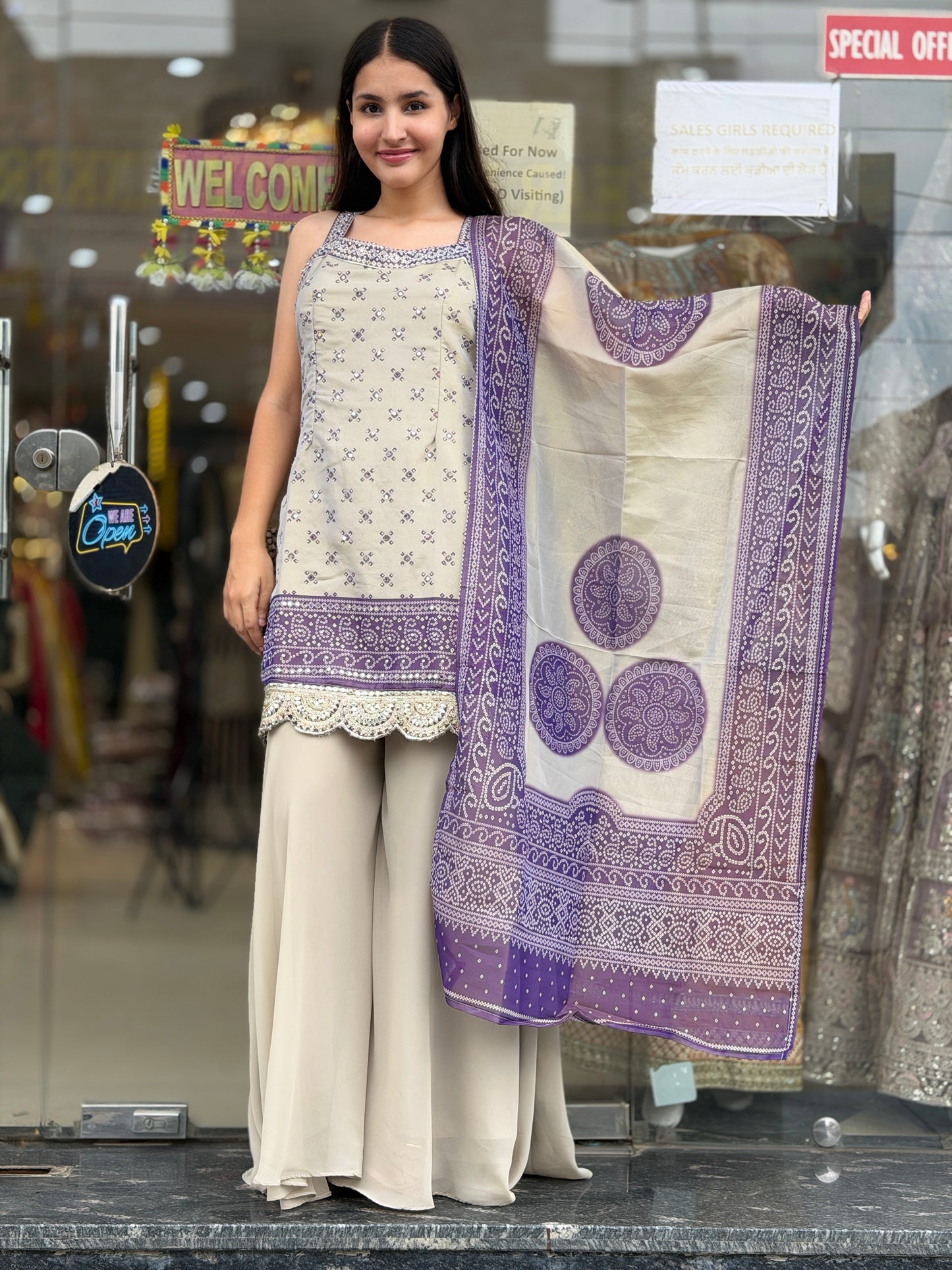 IVORY WITH PURPLE DUEL SHORT SHIRT WITH FULL FLAIR JAFFA