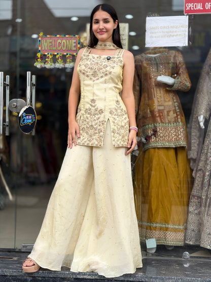 IVORY THREAD WORK FRONT CUT DESIGN DRESS