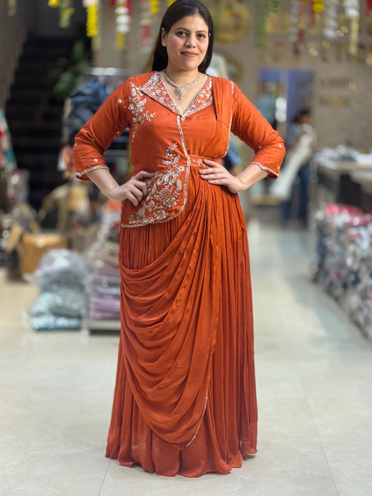 DESIGNER RUST PURE CHINON INDIAN/INDOWESTERN ONE PC DRESS