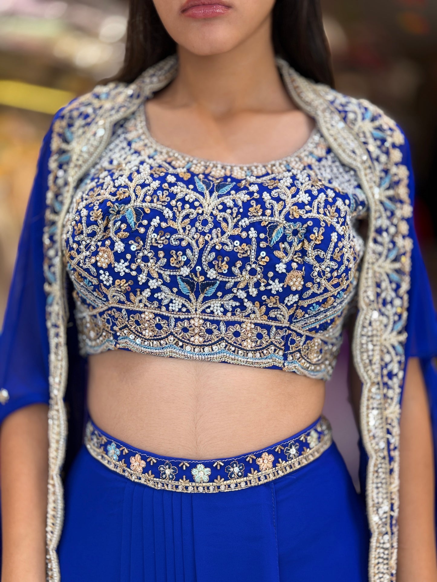 BLUE CROPE TOP WITH CAPE DESIGN SKIRT DRESS