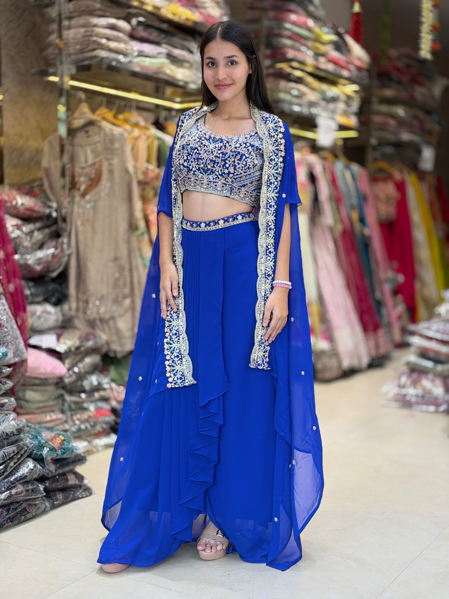 BLUE CROPE TOP WITH CAPE DESIGN SKIRT DRESS