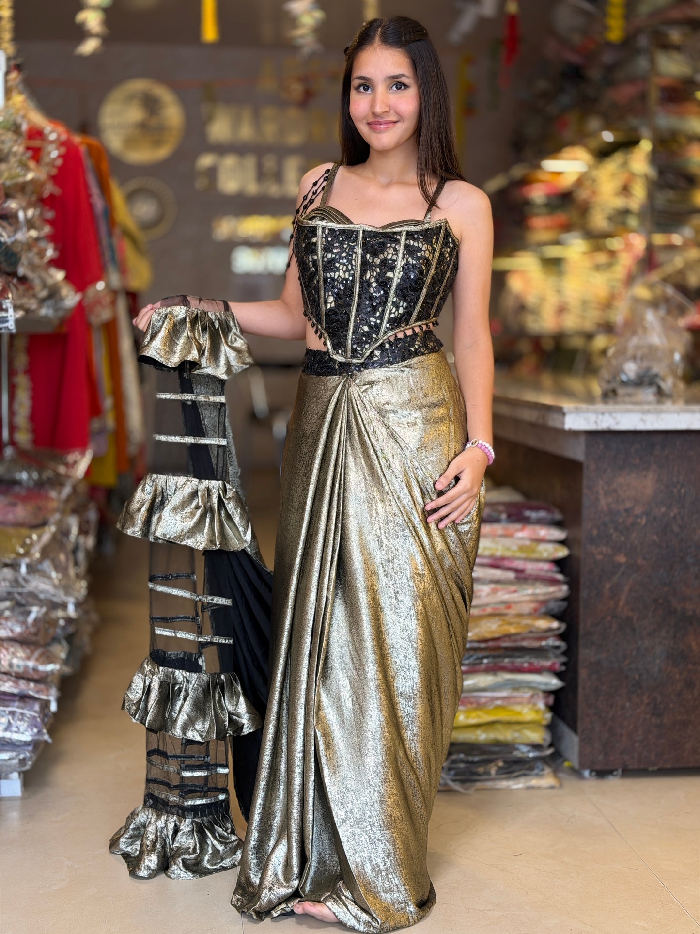 METALLIC GOLD BLACK TOP WITH GOLD DESIGNER SAREE