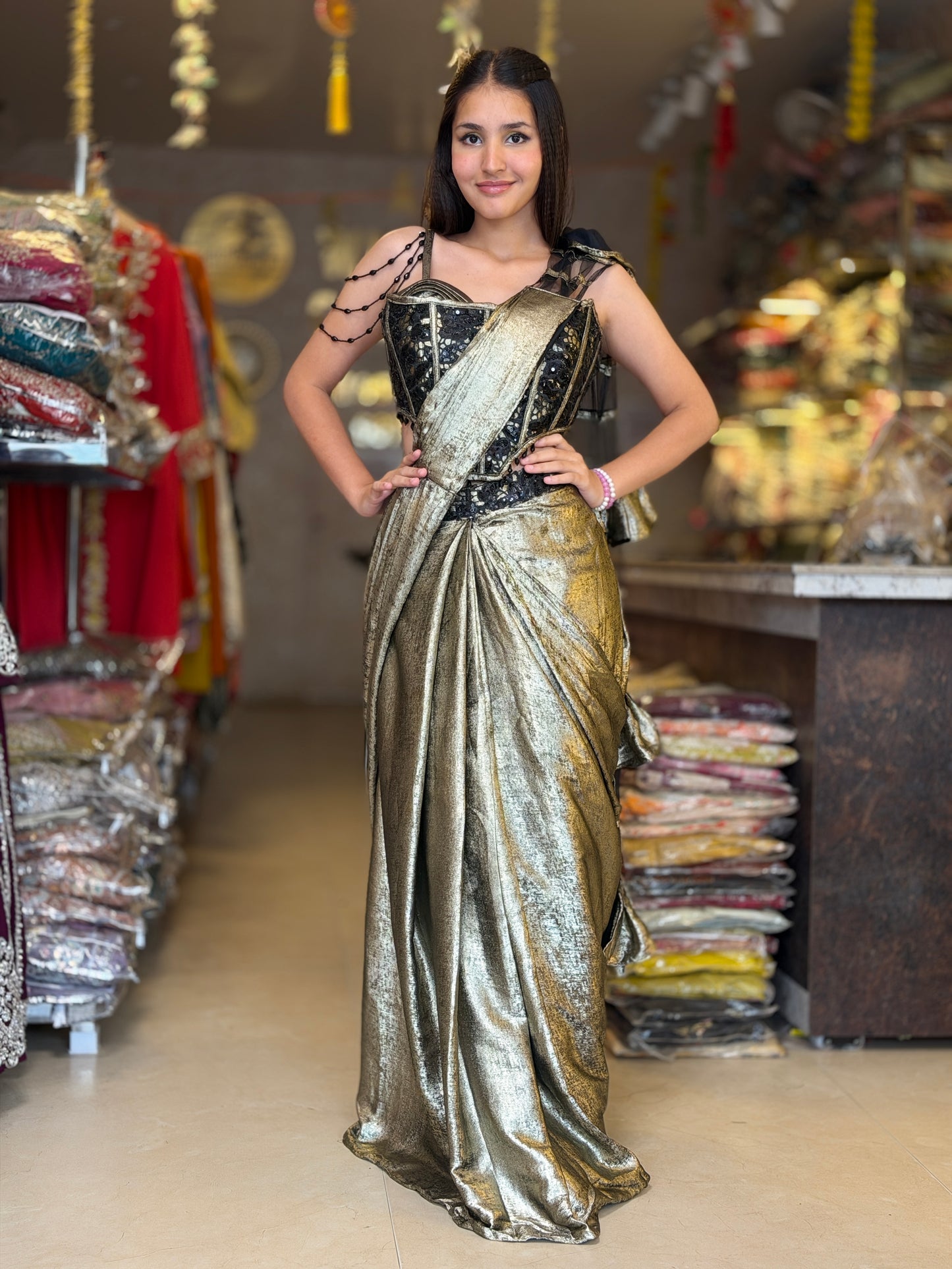 METALLIC GOLD BLACK TOP WITH GOLD DESIGNER SAREE