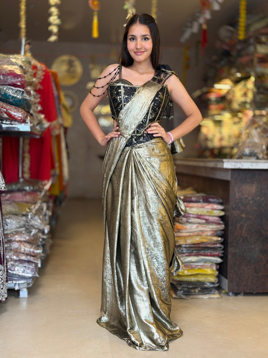 METALLIC GOLD BLACK TOP WITH GOLD DESIGNER SAREE