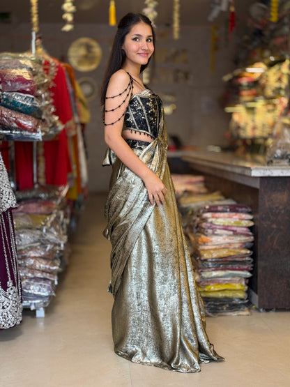 METALLIC GOLD BLACK TOP WITH GOLD DESIGNER SAREE