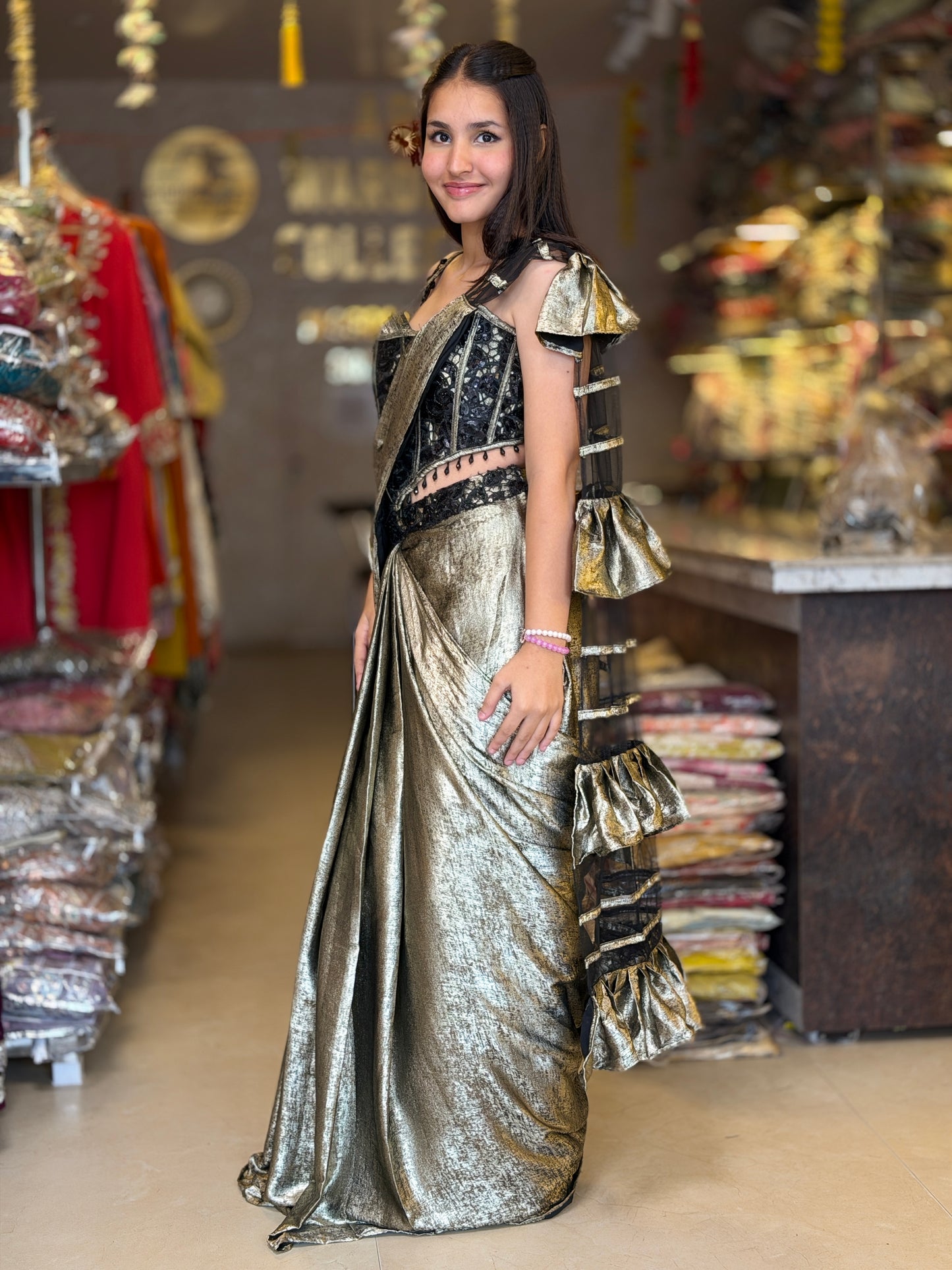 METALLIC GOLD BLACK TOP WITH GOLD DESIGNER SAREE