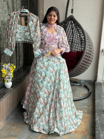 INDIPEHNAWA PREMIUM ALIF LAILA FULL HAND EMBROIDERY THREE PIECE PRINTED LEHNGA SET