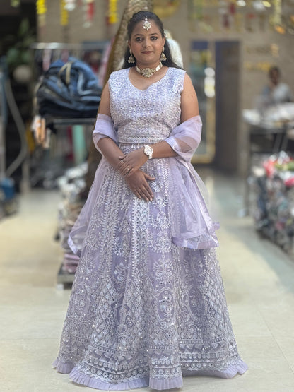 LILAC NITED THREAD AND MIRROR WORK HEAVY LEHNGA