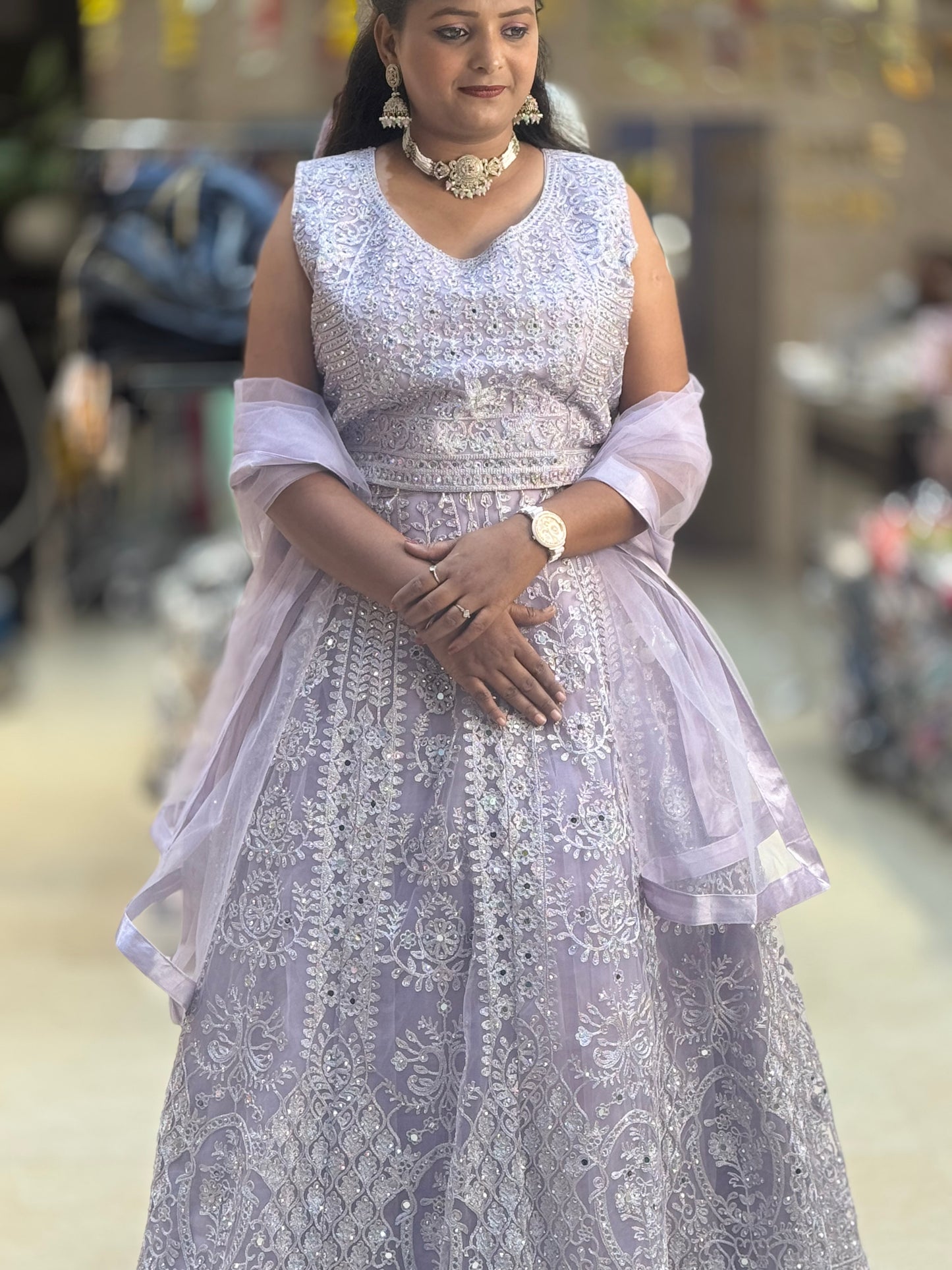 LILAC NITED THREAD AND MIRROR WORK HEAVY LEHNGA
