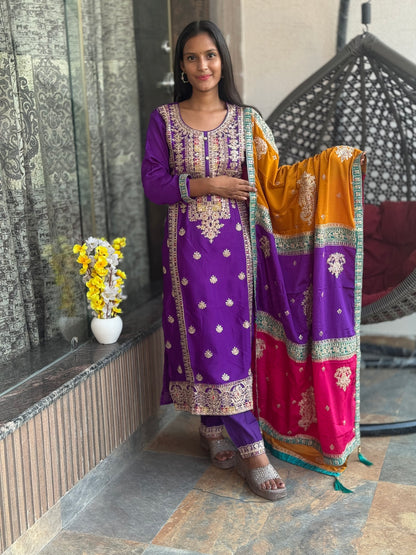 INDIPEHNAWA MULTI HEAVY DESIGNER DUPPTA SUIT SET IN CHINON (article no. 550)