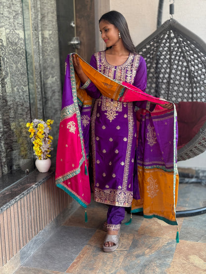 INDIPEHNAWA MULTI HEAVY DESIGNER DUPPTA SUIT SET IN CHINON (article no. 550)