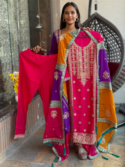 INDIPEHNAWA MULTI HEAVY DESIGNER DUPPTA SUIT SET IN CHINON (article no. 550)