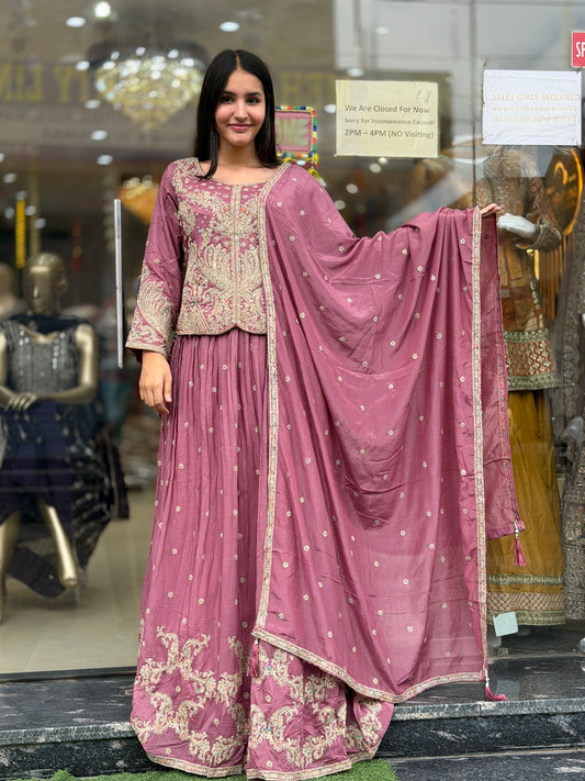 ONION PINK PURE CHINON SHORT CHOLI WITH LEHENGA