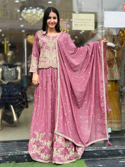 ONION PINK PURE CHINON SHORT CHOLI WITH LEHENGA