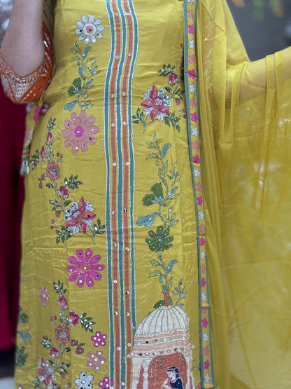 MUSTARD PREMIUM CREPE MIRROR WORK WITH C-CUT PLAZO SUIT