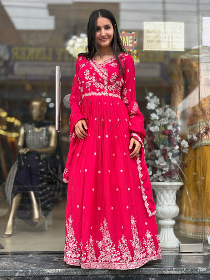 HOT PINK SILVER WORK DESIGNER GOWN
