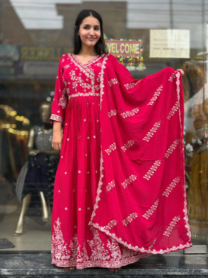 HOT PINK SILVER WORK DESIGNER GOWN