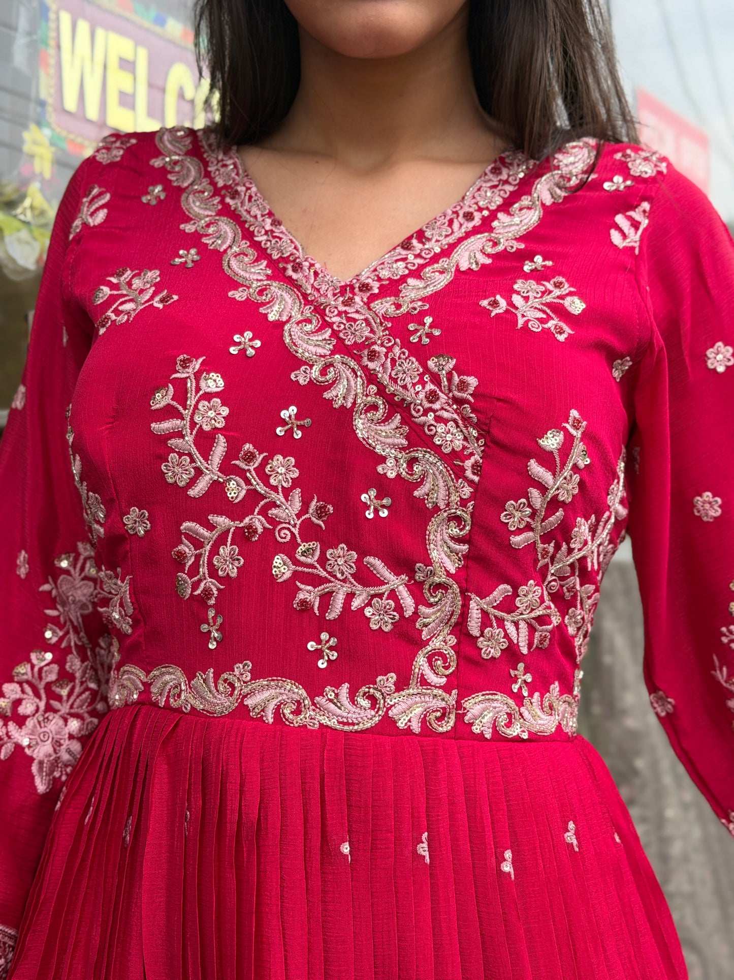 HOT PINK SILVER WORK DESIGNER GOWN
