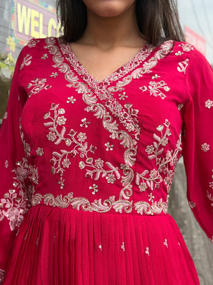 HOT PINK SILVER WORK DESIGNER GOWN