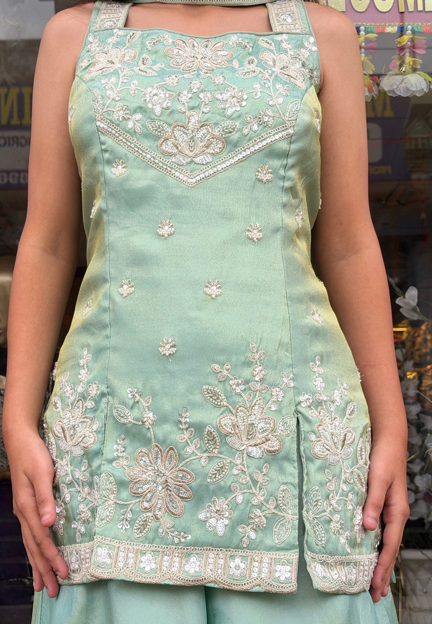 SEA GREEN THREAD WORK FRONT CUT DESIGN DRESS