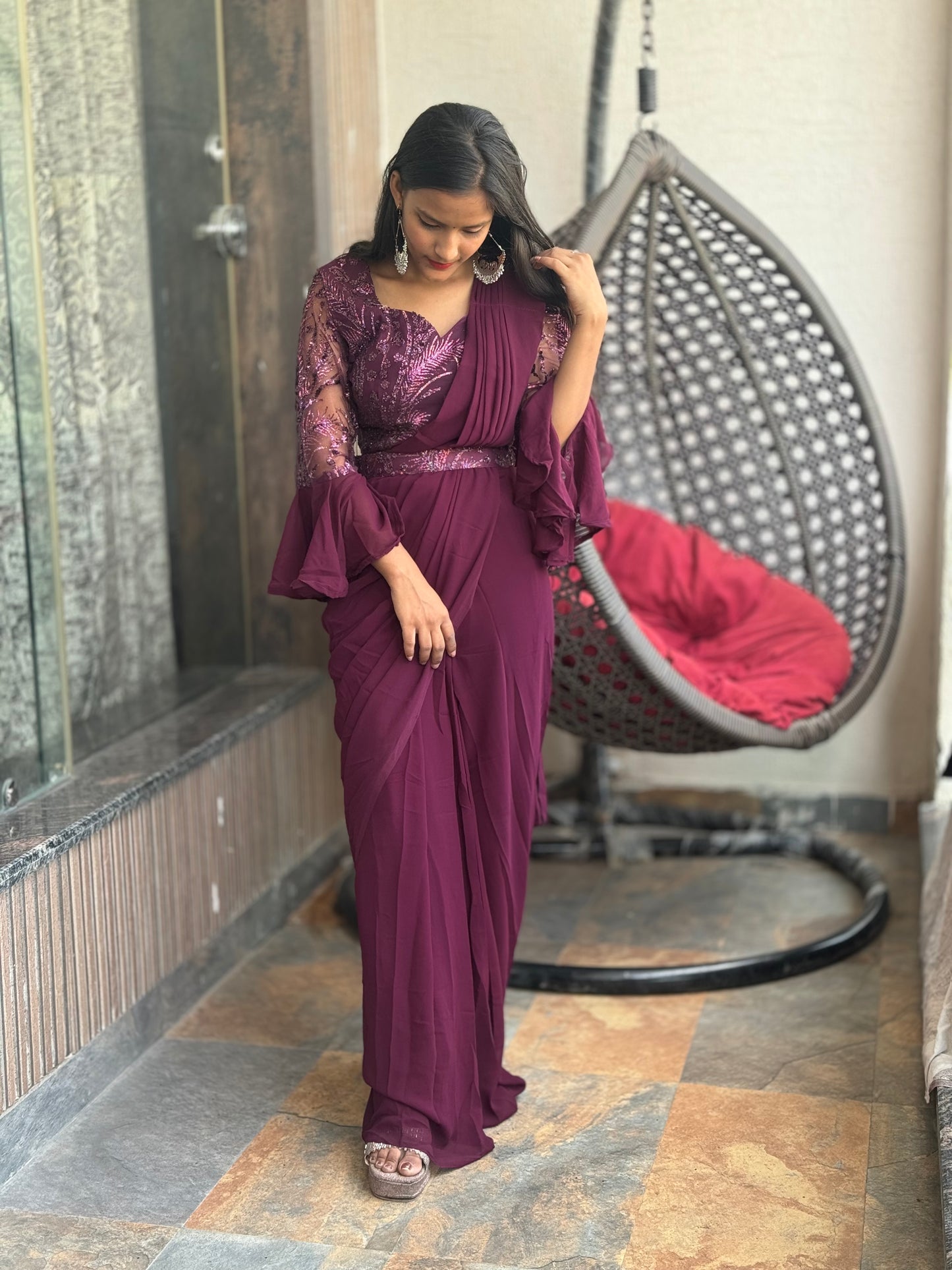 STYLISH/ELEGANT HEAVY STONE WORK FULL SLEEVES DRAPE SAREE (SR-004)