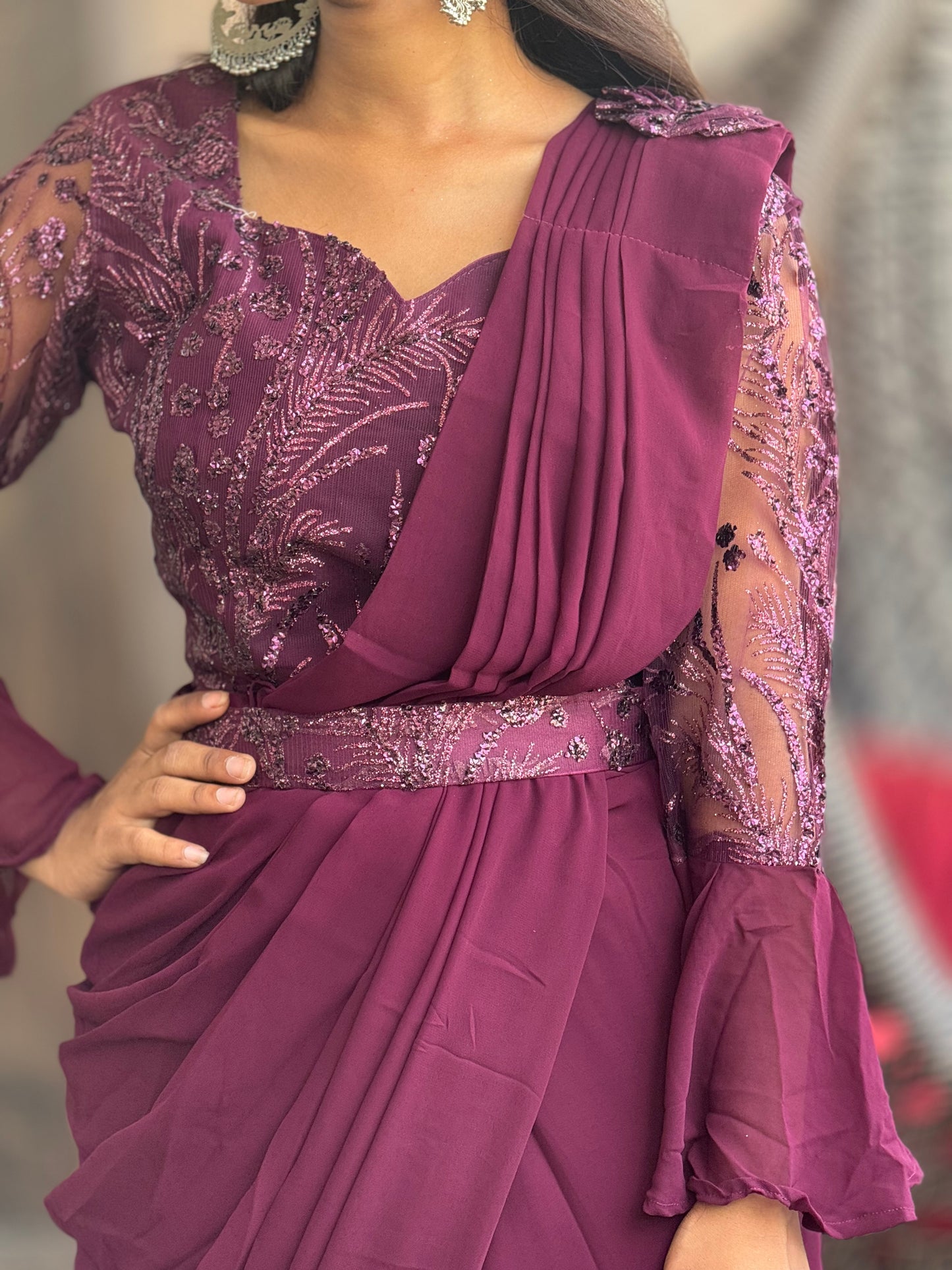 STYLISH/ELEGANT HEAVY STONE WORK FULL SLEEVES DRAPE SAREE (SR-004)