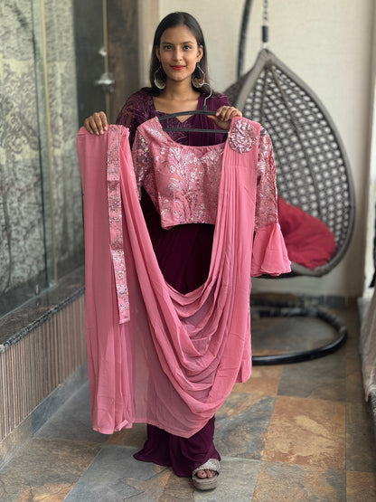 STYLISH/ELEGANT HEAVY STONE WORK FULL SLEEVES DRAPE SAREE (SR-004)