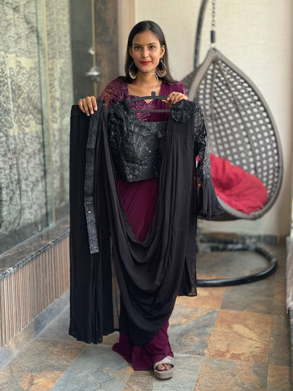 STYLISH/ELEGANT HEAVY STONE WORK FULL SLEEVES DRAPE SAREE (SR-004)