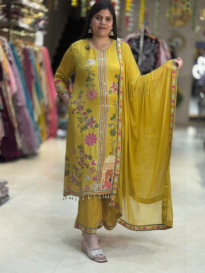 MUSTARD PREMIUM CREPE MIRROR WORK WITH C-CUT PLAZO SUIT