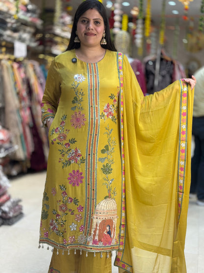 MUSTARD PREMIUM CREPE MIRROR WORK WITH C-CUT PLAZO SUIT