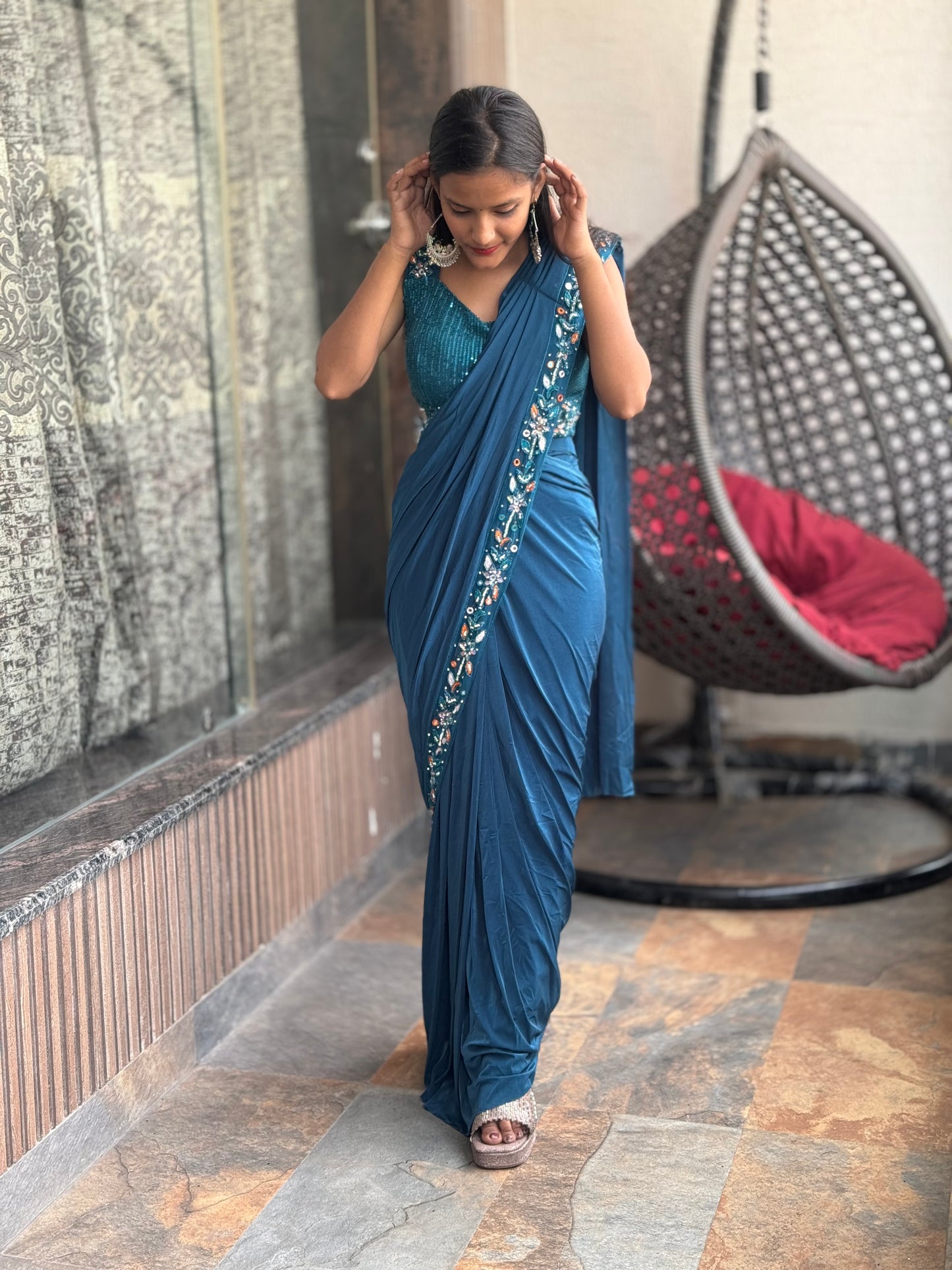 INDIPEHNAWA WEDDING AND FESTIVAL SPECIAL IMPORTED FULL HEVAY BLOUSE AND HAND EMBROIDRY DRAPE SAREE (SR- 08)