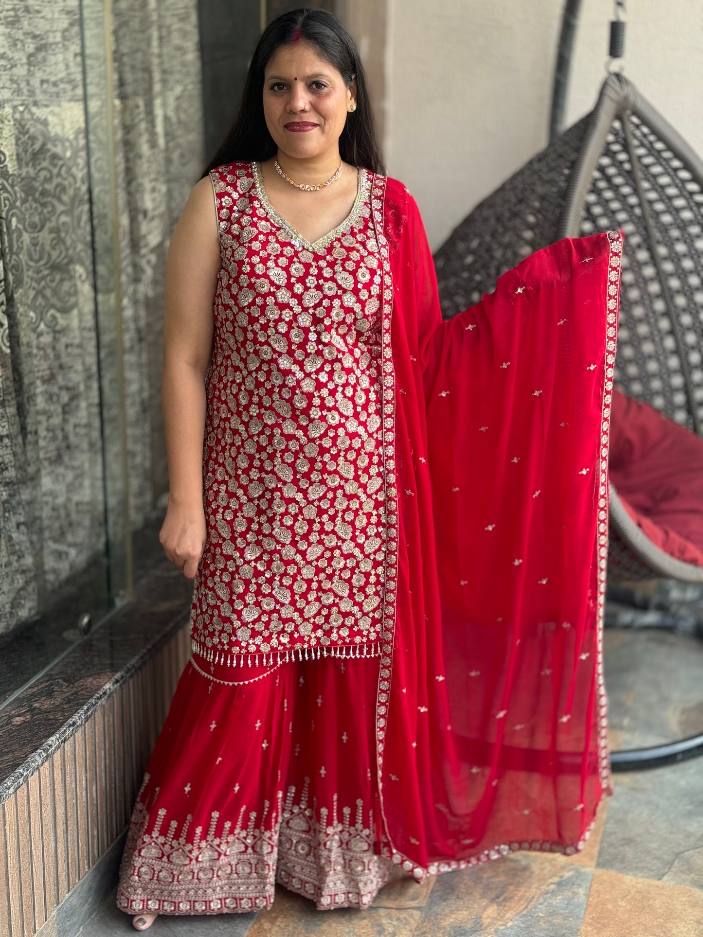 KARWA SPECIAL RED HEAAVY FULL EMBROIDERED SHRARA SUIT SET