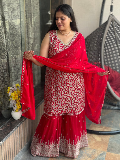 KARWA SPECIAL RED HEAAVY FULL EMBROIDERED SHRARA SUIT SET