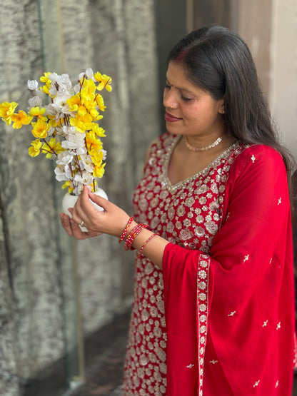 KARWA SPECIAL RED HEAAVY FULL EMBROIDERED SHRARA SUIT SET