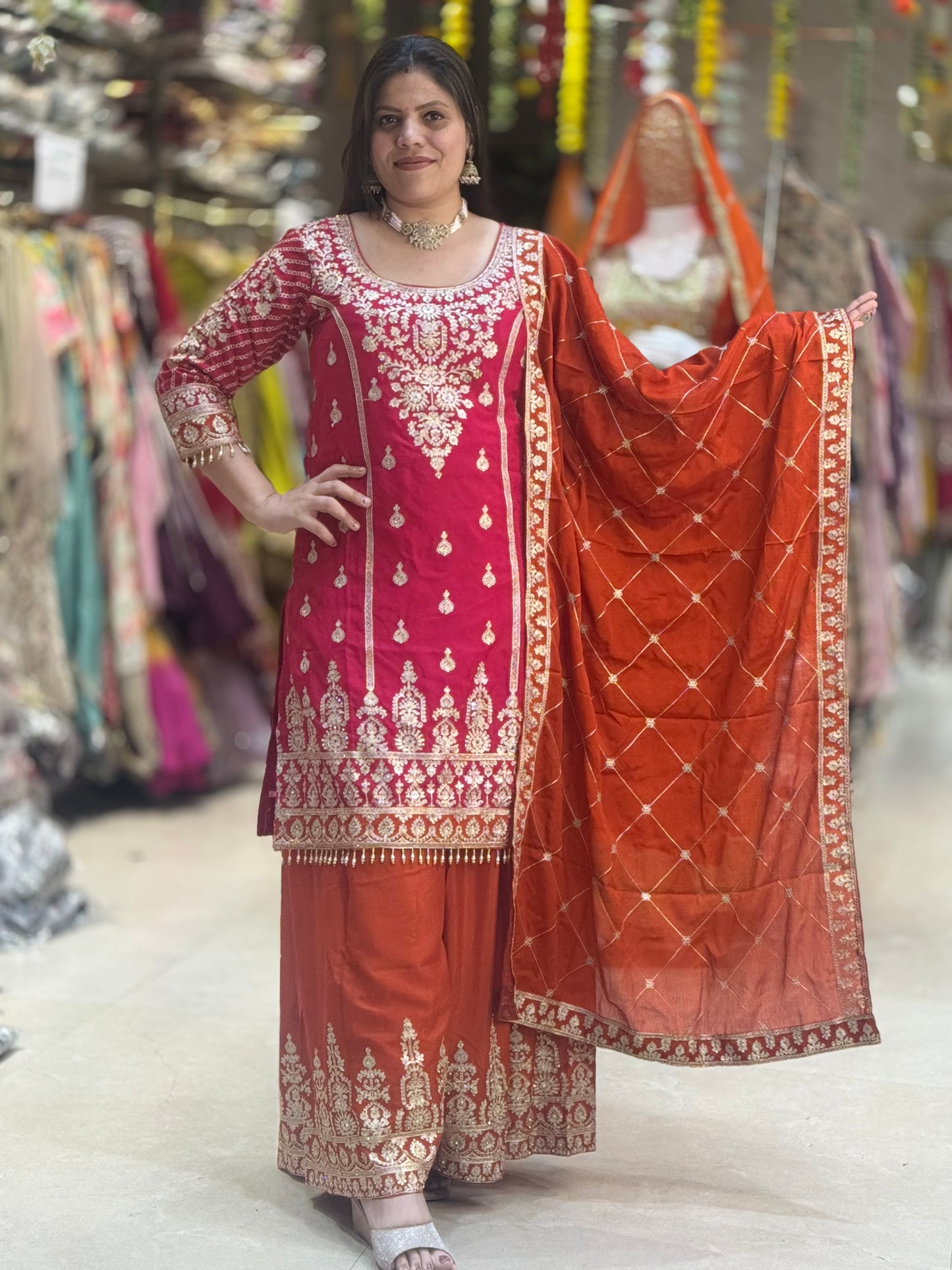 PARTY WEAR DUEL COLOUR ZARI AND TILLA WORK WITH JAFFA SUIT