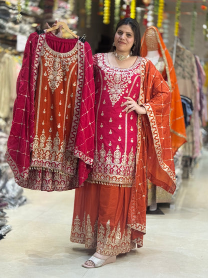 PARTY WEAR DUEL COLOUR ZARI AND TILLA WORK WITH JAFFA SUIT
