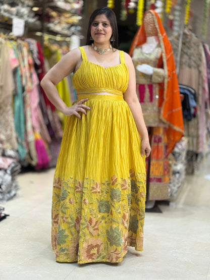 YELLOW PURE CHINON PARTY WEAR DESIGNER JACKET 3 PC LEHNGA