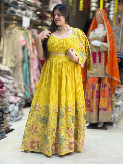 YELLOW PURE CHINON PARTY WEAR DESIGNER JACKET 3 PC LEHNGA
