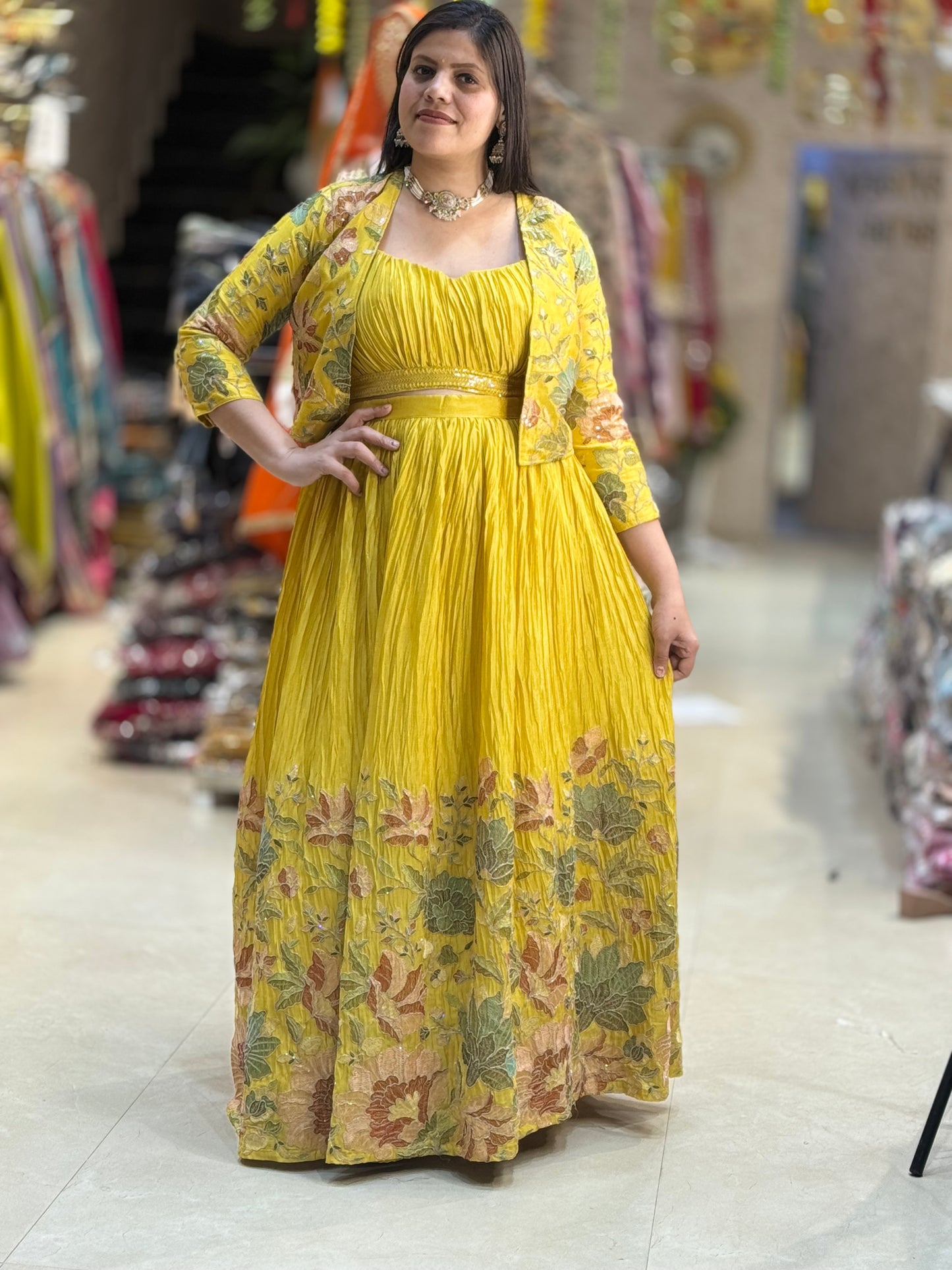 YELLOW PURE CHINON PARTY WEAR DESIGNER JACKET 3 PC LEHNGA