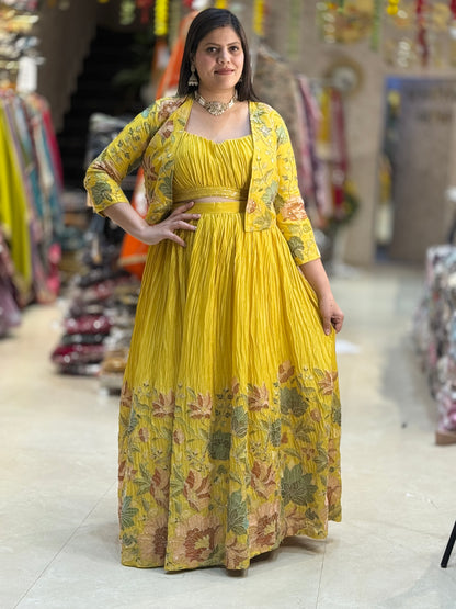 YELLOW PURE CHINON PARTY WEAR DESIGNER JACKET 3 PC LEHNGA