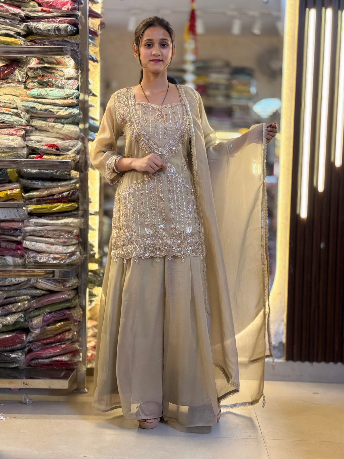PREMIUM SILK PEARL WORK BUSTIER DESIGN SHORT SHIRT WITH FULL FLAIR JAFFA WITH DUPPTA