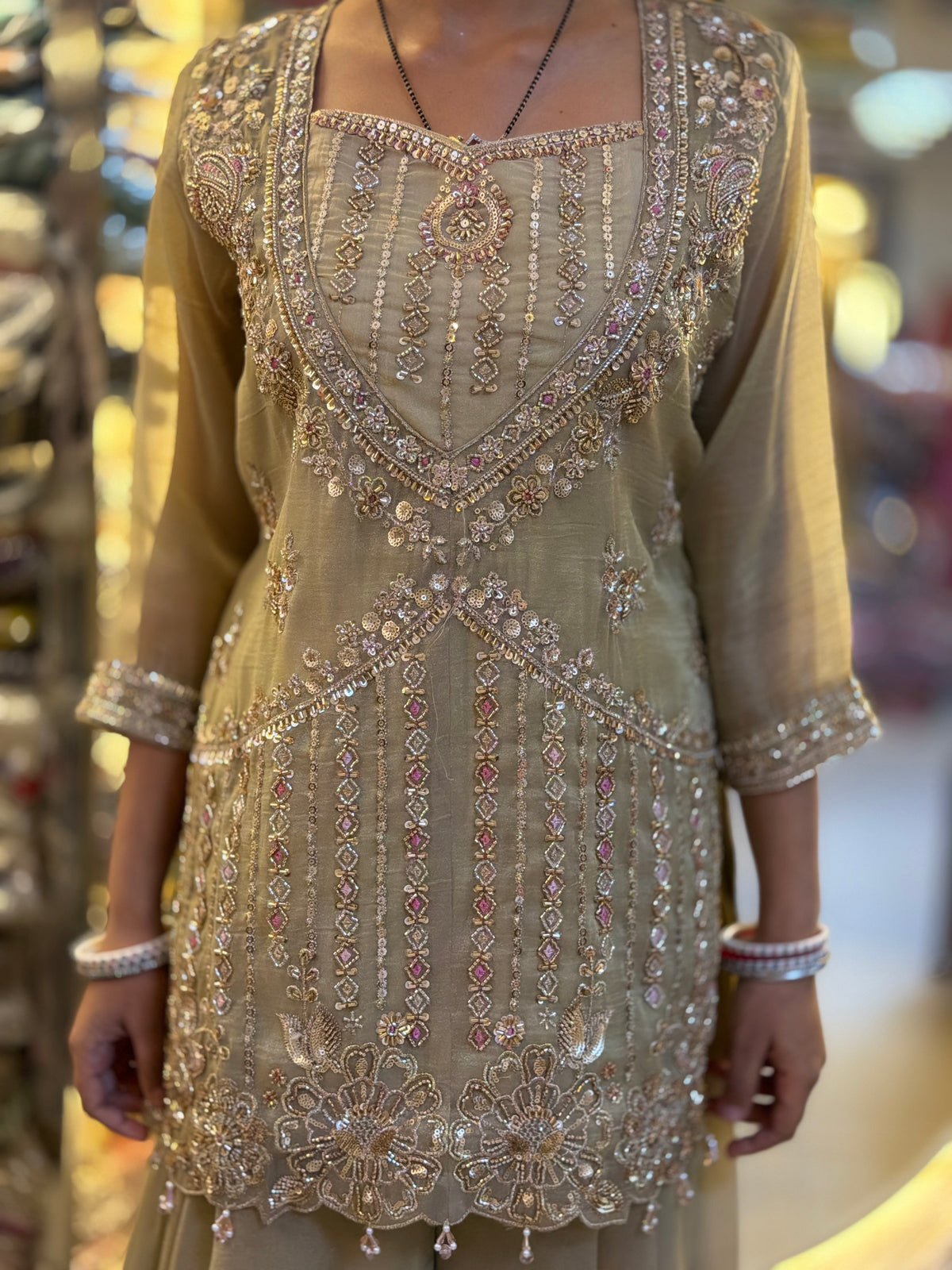 PREMIUM SILK PEARL WORK BUSTIER DESIGN SHORT SHIRT WITH FULL FLAIR JAFFA WITH DUPPTA