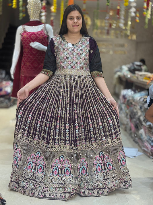 PARTY WEAR GEORGET ORIGNAL MIRROR AND TILLA WORK FULL LENGTH GOWN(OAOL0019)