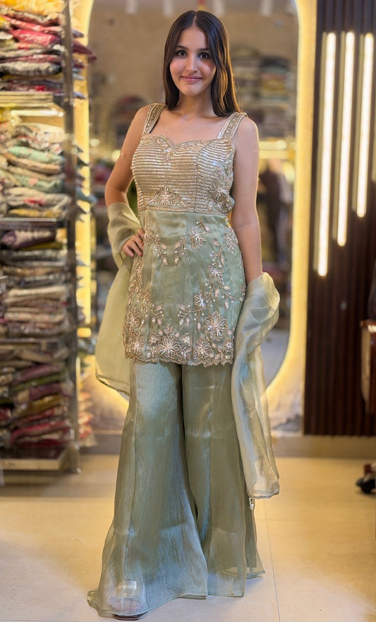 PISTA GREEN SILVER PEARL WORK JAFFA SUIT