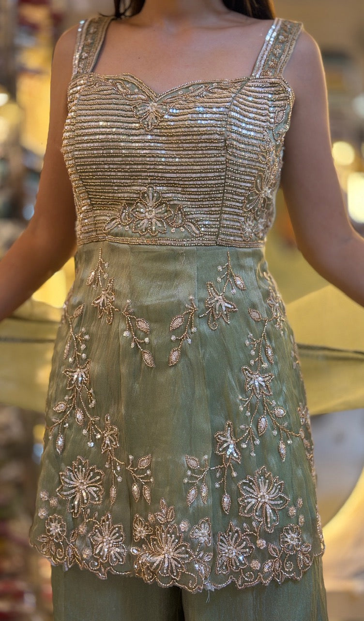 PISTA GREEN SILVER PEARL WORK JAFFA SUIT
