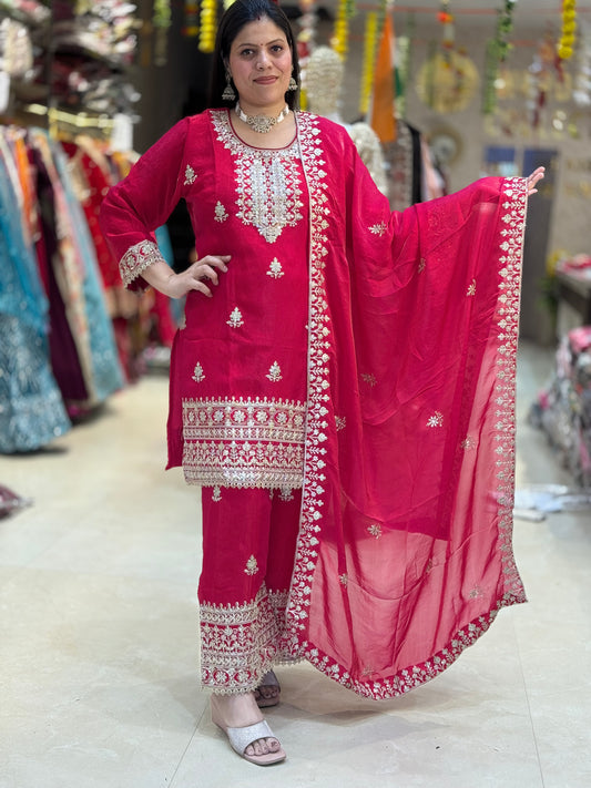 GLASS TISSUE FULL TILLA WORK NECK DESIGN 3 PC SUIT