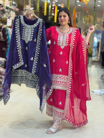 GLASS TISSUE FULL TILLA WORK NECK DESIGN 3 PC SUIT