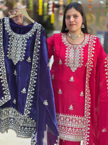 GLASS TISSUE FULL TILLA WORK NECK DESIGN 3 PC SUIT