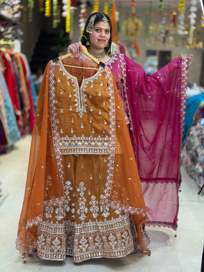 BEAUTIFULL SHORT KURTI WITH LEHNGA BORDER DESINING WITH TIILA AND PEARL WORK